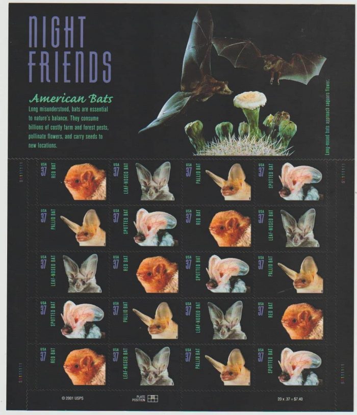 100 United States Postal Service Night Friends American Bats Stamps 5 Sheets (20Pcs/Booklet)