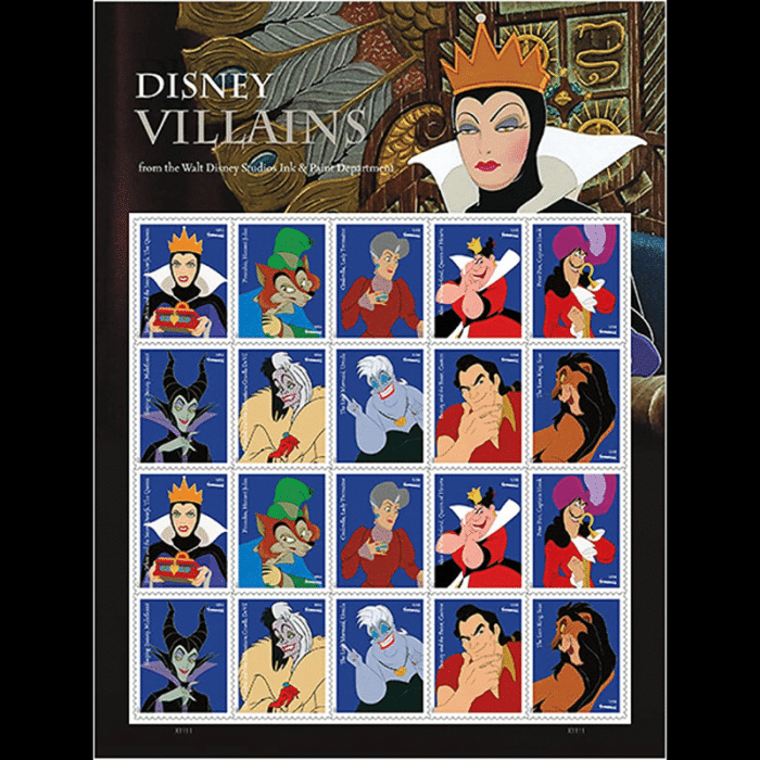 100 USPS Walt Disney Villains One Sheet Forever Stamps - Booklet of 20 First Class Forever Stamps